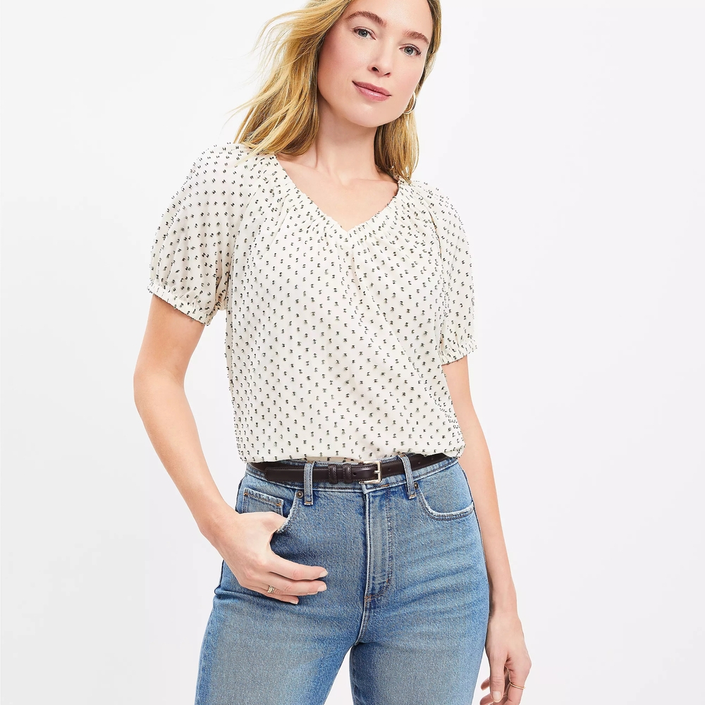 LOFT Cream Blouse with Green Dots